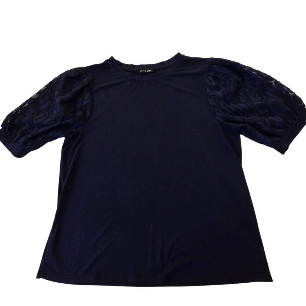 Cable and Gauge Womens Burnt-out Semi-Sheer Puffed Sleeve Blouse Navy XL